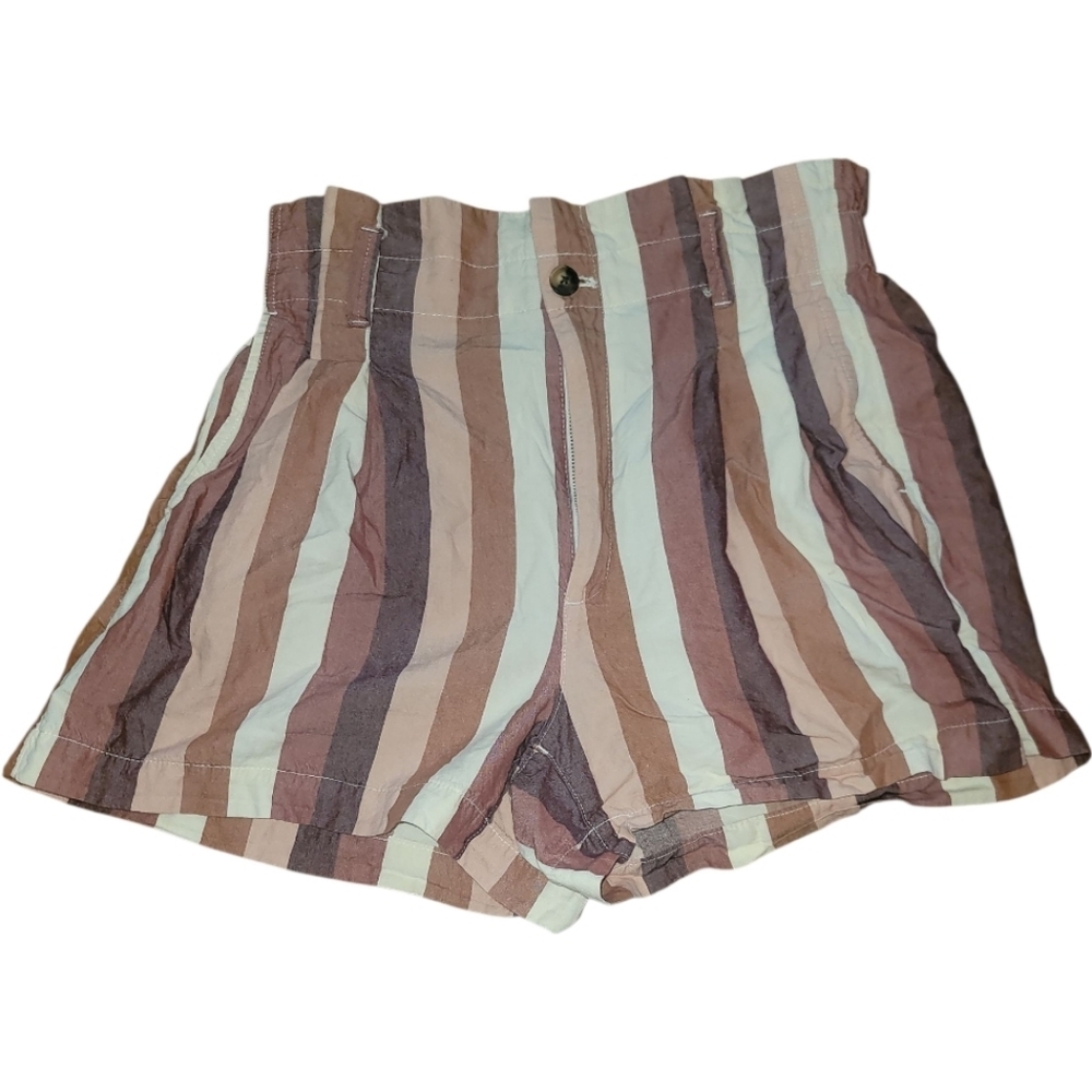 Madewell Blush tan Ivory viscose cotton linen striped paper bag waist shorts 4 - Picture 3 of 8